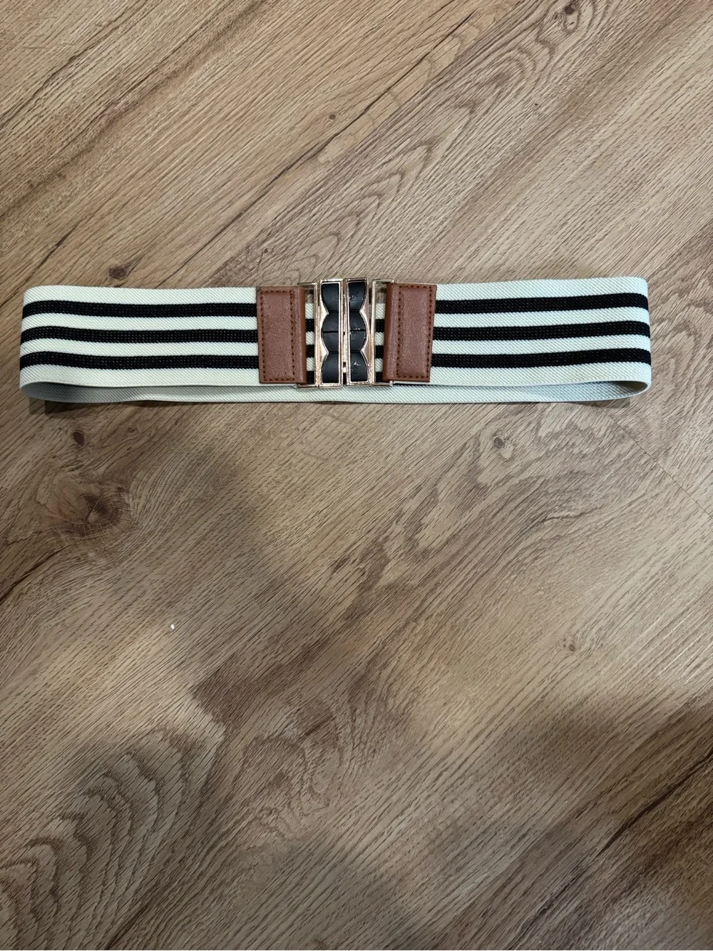 Elastic Striped Men’s Waist Belt with Leather Accent - Black & Cream